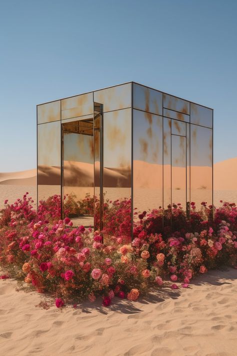 #design #modern #architecture #render #floral #aesthetic #concept #house #sahara #dubai #safari #desert #render #cgi Safari Desert, Dubai Safari, Floral Aesthetic, Dubai Desert, Mirror House, Flower Installation, Art Installation, Wedding Deco, Party Design