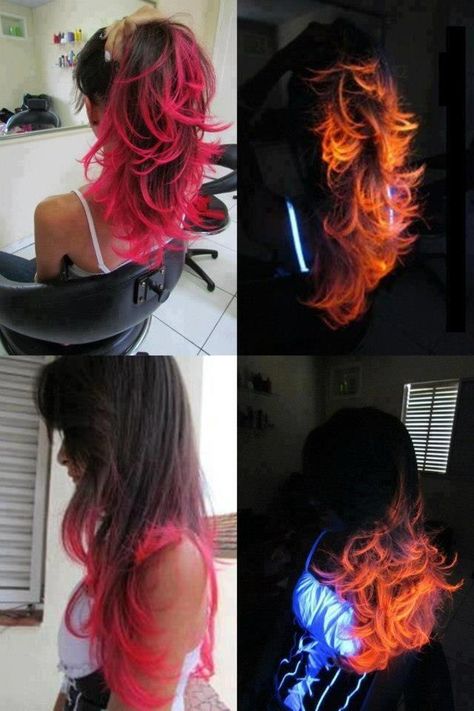 Hot pink/ Red hair dye to tips - glows like fire in a black light.  I WANT THIS. Dark Hair Dye, Dark Ombre Hair, Fire Hair, Neon Hair, Bright Red Hair, Dye My Hair, Rainbow Hair, Crazy Hair, Love Hair