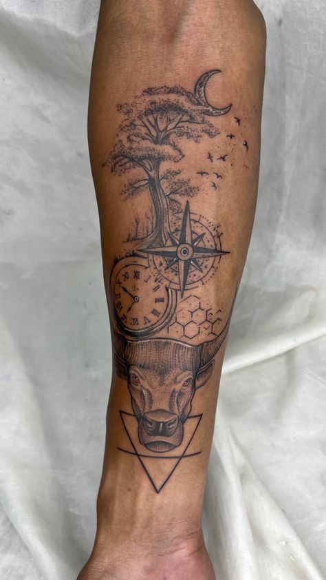 Taurus Sleeve Tattoo, Bull And Bear Tattoo, Geometric Tattoo Taurus, Taurus Bull Tattoos Design, Taurus Tattoo Men, Taurus Zodiac Tattoo, Tattoo Bull, Tattoo Taurus, Perspective Tattoos