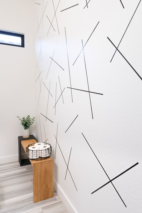 How We Made This Easy Sharpie Wall - Neatly Living Sharpie Accent Wall, Powder Room Update, Sharpie Wall, Eucalyptus Arrangement, Sharpie Paint Pens, Modern Wall Decals, Bathroom Accent Wall, Faux Eucalyptus, Accent Wall Paint