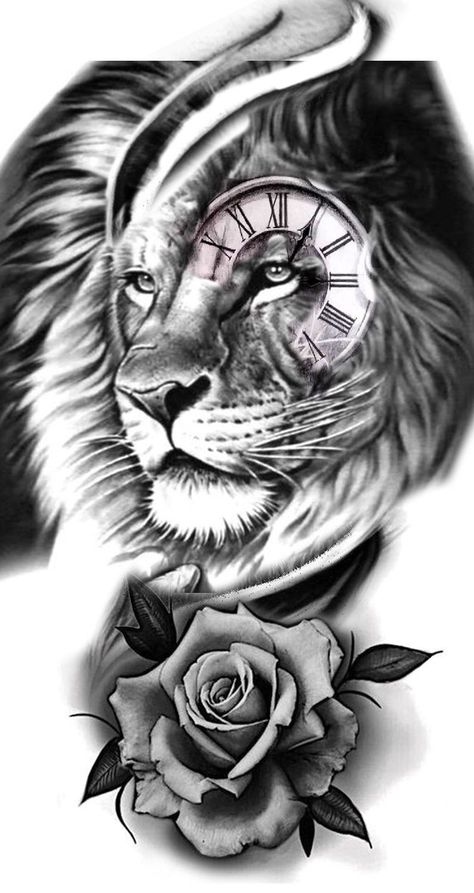 Lion Rose Clock Tattoo, Lion Clock Rose Tattoo Design, Lion And Rose Tattoo Stencil, Lion Roses Tattoo, Rose Lion Tattoo, Lion Clock Tattoo Design, Lion And Clock Tattoo Design, Lion And Rose Tattoo Design, Lion With Roses Tattoo