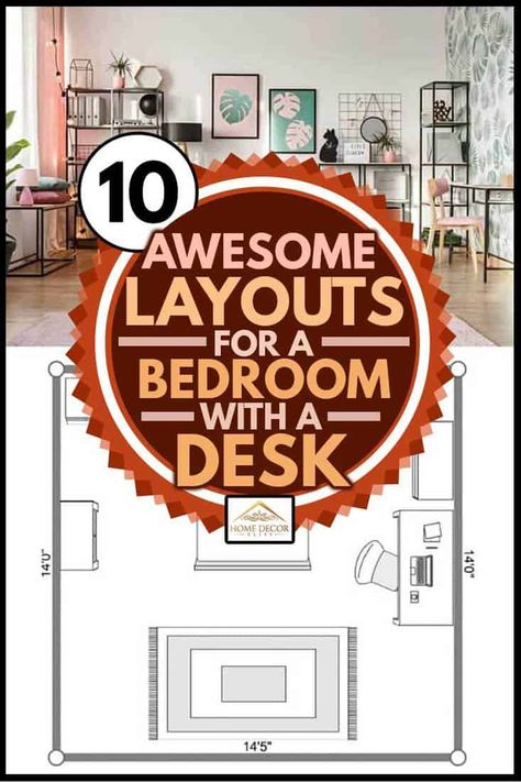 Master Bedrooms With Desk Layout, How To Arrange A Large Bedroom, Master With Desk, Small Bedroom Workspace Layout, Office Guest Room Layout Ideas, Bedroom With Desk Ideas Layout, Small Desk Ideas Master Bedrooms, Computer In Bedroom Ideas, Desk Layout Bedroom