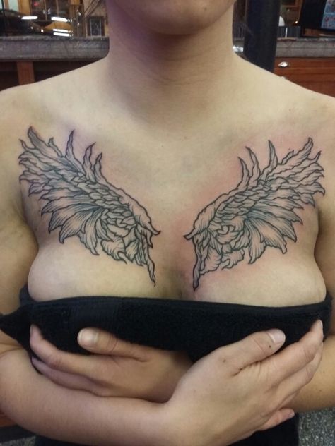 Angel Wing Chest Tattoo, Angel Wings Chest Tattoo, Chest Tattoo Wings, Chest Tattoo Female Upper, Remembrance Tattoos, Henna Tattoo Designs Hand, Angel Wings Tattoo, Wing Tattoo, Religious Tattoos