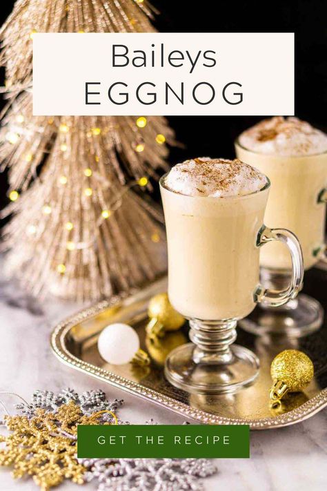 Baileys eggnog is the perfect drink for all your holiday parties and gatherings! A homemade eggnog is spike with Irish cream, and it's great for serving a crowd. Hands down, this is the best Baileys eggnog recipe you'll ever try. Baileys Eggnog Recipe, Baileys Drinks, Eggnog Cocktail, Eggnog Drinks, Homemade Baileys, Delicious Christmas Desserts, Homemade Eggnog, Eggnog Recipe, Refreshing Drinks Recipes