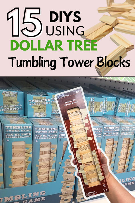 Check out these 15 simple and budget-friendly DIY decor ideas using Dollar Tree's Tumbling Tower blocks! These are some of my favorite tower block projects that' you'll definilty want to try out.  #dollartree #dollartreediy #jengablockdiy #diy #craft #diyhomedecor Ideas With Jenga Blocks, Crafts Using Jenga Pieces, Christmas Decor Ideas Diy From Dollar Tree, Tumbling Tower Block Candle Holder, Tower Blocks Crafts, Jenga Block Coasters Diy, Dollar Tree Blocks Crafts, Crafts With Mini Jenga Blocks, Diy Projects Dollar Tree