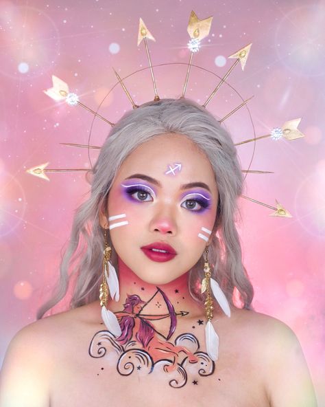 Sagittarius zodiac makeup by @averinanggita on Instagram Sagittarius Makeup, Zodiac Makeup, Sagittarius Sign, Face Art Makeup, Dress Up Boxes, Sagittarius Zodiac, Art Makeup, All Zodiac Signs, Zodiac Sagittarius