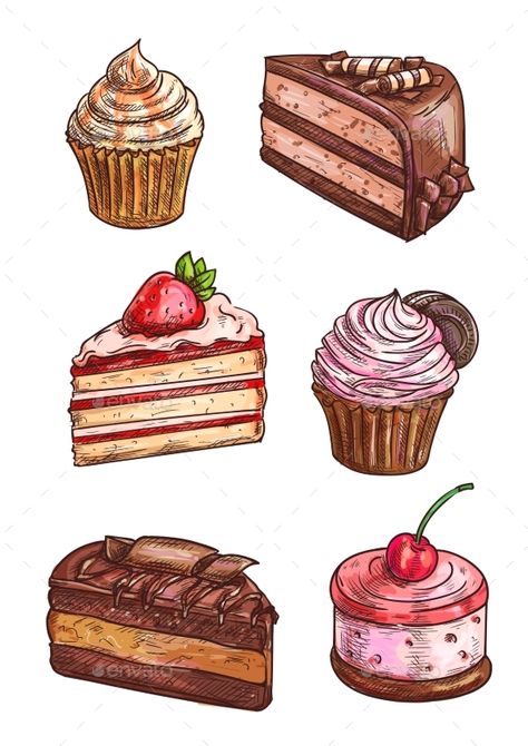 Patisserie sweet desserts sketch. Vector isolated confectionery icons of cupcake with strawberry topping, chocolate cake, vanilla Cupcake With Strawberry, Desserts Drawing, Food Art Painting, Bolo Barbie, Dessert Illustration, Cake Drawing, 귀여운 음식 그림, Cakes And Desserts, Food Artwork