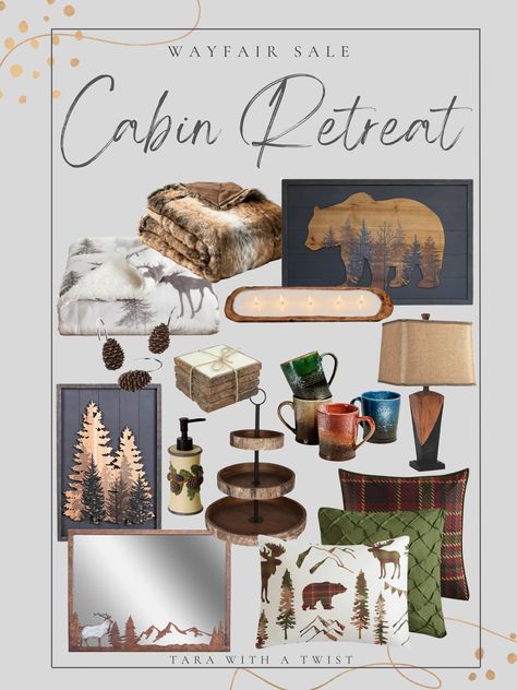 Cabin Decor Themes, Log Cabin Aesthetic Living Room, Colorful Cabin Decor, Chic Mountain Home Decor, Wilderness Living Room Decor, Decorating A Cabin Ideas, Cabin Theme Decor, Mountain Themed Guest Room, Up North Decor