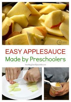 Easy Applesauce Recipe for Kids - a fun cooking activity for preschoolers at home or in the classroom. A delicious fall snack! From Teaching 2 and 3 Year Olds Preschool Cooking Activities, Easy Applesauce, Preschool Cooking, Cooking With Toddlers, Cooking Theme, Applesauce Recipe, Cooking In The Classroom, Activity For Preschoolers, Apple Preschool