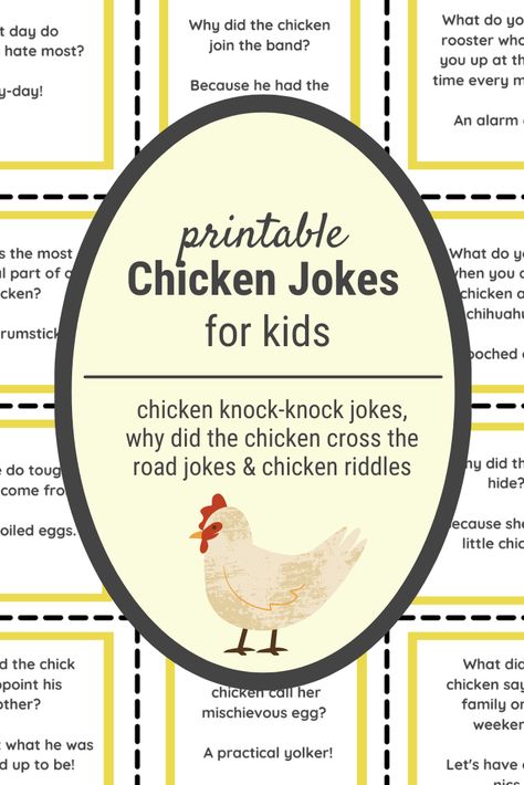 Chicken Jokes!!! All your favorite silly jokes about chickens in one place. Kids & grown-ups can read them here or print them out for later. Chicken Games For Kids, Chicken Jokes Hilarious, Chicken Activities For Kids, Chicken Journal, Chicken Activities, Farm Anatomy, Swim Banquet, Farm Jokes, Chicken Facts