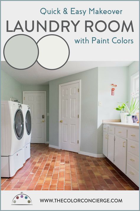 This Quick and easy laundry room makeover with paint colors had amazing results. Paint colors were chosen to complement the terra cotta floors and tie in with the white washing machine. Easy Laundry Room Makeover, Laundry Room Paint Color, Laundry Room Paint, Laundry Room Colors, Laundry Room Update, Laundry Room Storage Shelves, Small Laundry Room Organization, Room Storage Diy, Small Laundry Room