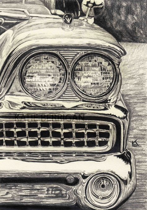 Chrysler imperial / vintage car/ graphite pencil drawing www.kberriganart.com Vintage Vehicles Drawing, Vintage Car Posters Illustration, 50s Car Drawing, Classic Car Sketch, Cool Car Drawings Pencil, Vintage Car Drawing Pencil, Old Car Sketch, Car Sketch Pencil, Vintage Cars Drawing