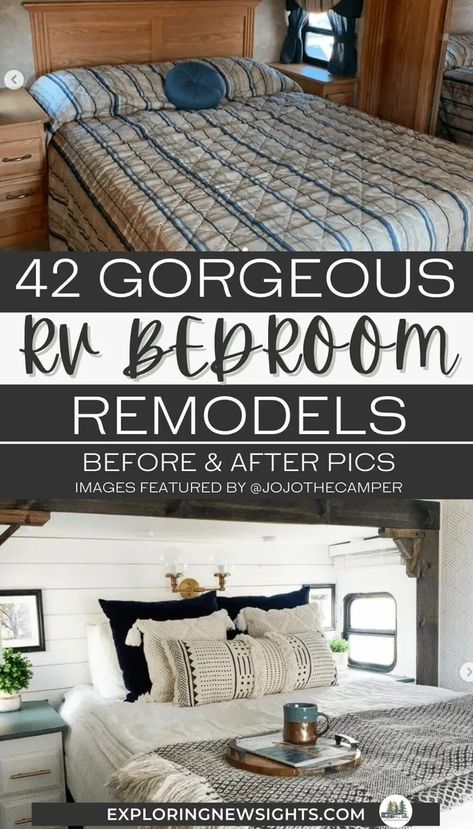 Remodeled Rv Bedroom, Rv Cupboard Makeover, Fifth Wheel Master Remodel, Motor Home Bedding, Rv Camper Bedroom Makeover, Diy Rv Screen Door, Renovated Rv Bedroom, Updated Rv Interior, Bedroom Rv Ideas