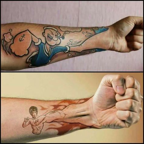 Popeye and Bruce Lee "His hand is your hand" fist tattoo. HOW COOL! Fist Tattoo, 20 Tattoo, Sketch Style Tattoos, Belly Tattoo, Epic Tattoo, Jesus Tattoo, Bad Tattoos, Crown Tattoo, 3d Tattoo