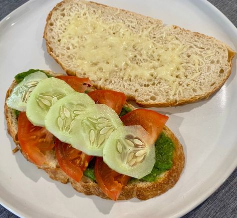 Basil Pesto, Tomato, and Cucumber Sandwich - style preservation Sandwich For Lunch, Cucumber Sandwich, Tomato And Cucumber, Vegetarian Meal Prep, Cucumber Sandwiches, How To Make Pesto, Tomato Sandwich, Sour Dough, Grilled Sandwich