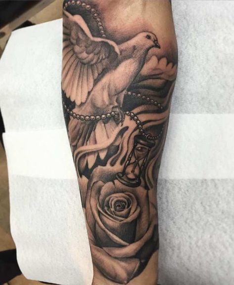 Dove Tattoos - Tattoo Insider Scroll Tattoo, Dove Tattoo Design, Half Sleeve Tattoos Forearm, Dove Tattoos, Heaven Tattoos, Dove Tattoo, Girls With Sleeve Tattoos, Tattoos Men, Forarm Tattoos