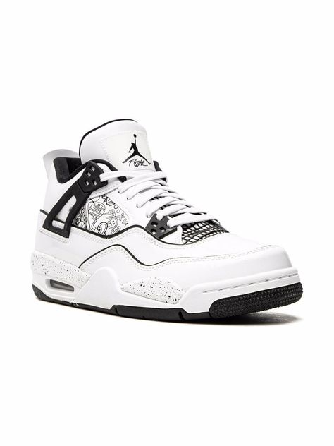 white/black signature Jumpman motif contrasting panel detail round toe front lace-up fastening branded insole rubber sole These styles are supplied by a premium sneaker marketplace. Stocking only the most sought-after footwear, they source and curate some of the most hard to find sneakers from around the world. Jordan 4s Gray And White, Jordan 4 Black And White, Jordans For Boys, Kids Jordans Shoes, White And Black Jordans, Jordans Kids, Jordan 4s Retro, Skor Sneakers Nike, Zapatillas Jordan Retro