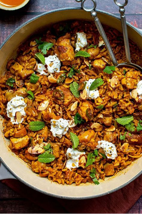 Dinner is made easy with this one pot spicy chicken pilaf! Top it with fresh herbs, buttered almonds, and creamy labne for a fancier touch. #chickendinner #onepotdinner #chickenrecipe #easydinner #easyrecipe Chicken Pilaf Recipe, Best Rice Recipes, Chicken Pilaf, Best Rice Recipe, Chicken Head, The Best Rice, Best Rice, Pilaf Recipes, Almond Chicken