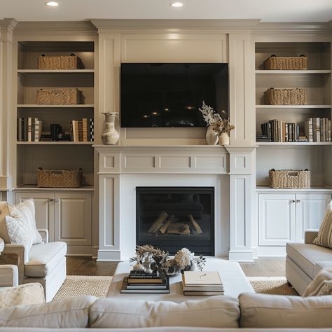 tv mounted above fireplace with shiplap behind it and built ins around fireplace Built In Tv Wall Unit Around Fireplace, Fireplace Wall Unit Built Ins, Lounge Units Built Ins, Built In Bookshelves Around Electric Fireplace, Bookcase Above Fireplace, Southern Living Fireplace, Electric Fireplace With Built In Shelves, Fireplace With Recessed Tv Above, Fireplace With Tv Above And Built Ins