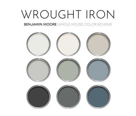 Benjamin Moore – Millie Hart Interiors Wrought Iron Benjamin Moore Color Pallet, Wrought Iron Benjamin Moore Exterior, Balboa Mist Color Scheme, Benjamin Moore Whole House Color Scheme, Benjamin Moore Intrigue, Bm Wrought Iron, Wrought Iron Benjamin Moore, Grey Paint Palette, Iron Ore Sherwin Williams