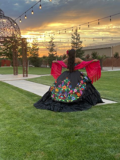 #mexican #quinceañera #quince Quince Dress Mexican Style, Mariachi Dress Quinceanera, Mexican Fiesta Quinceanera, Quince Mexican Theme Dress, Mexican Theme Quince Dress, Colombian Quinceanera, Rancho Theme Quinceanera, Charo Quince Dresses, Mexican Style Quinceanera Dresses