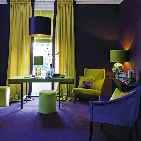 purple/blue wall room | Purple Living Room Interior Design Ideas: Aubergine & Lime Split Complementary Color Scheme, Living Room Colour Schemes, Fresh Living Room, Purple Living Room, Split Complementary, Split Complementary Colors, Home Office Colors, Complimentary Color Scheme, Purple Interior