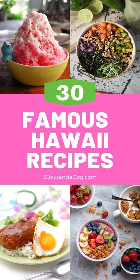 These Famous Hawaii Foods include shave ice, sushi, acai bowls, manapua, Haupia pie, and are rich in fresh fruit and seafood. #famoushawaiianfoods #eatlikeahawaiian #3boysandadog Hawaii Foods, Haupia Pie, Chicken Sushi, Hawaiian Recipes, American Foods, Hawaiian Dishes, Budget Family Meals, Acai Bowls, Shave Ice