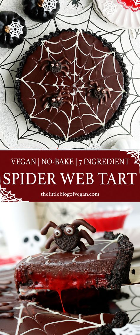 Chocolate tart with white chocolate spider web and oreo spiders Halloween Tarts, Tarte Halloween, Chocolate Spider Web, Halloween Tart, Chocolate Spiders, Caramel Filling, Vegan Halloween, Spider Decorations, Tart Baking