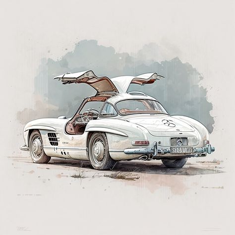 Looking for a show-stopping piece of automotive art to add to your collection? Feast your eyes on this stunning watercolor illustration of a Mercedes 300 SL gullwing, with its iconic doors thrown wide open. This breathtaking painting captures the sheer excitement and wonder of the gullwing's unique design, allowing you to fully immerse yourself in the experience of this classic car. The open doors reveal the meticulously crafted interior, inviting you to take a seat and feel the power of the eng Mercedes 300sl Gullwing, Car Watercolor, Car Render, 300 Sl Gullwing, 300sl Gullwing, Steampunk Vehicle, Mercedes 300, Mercedes 300sl, Automotive Illustration