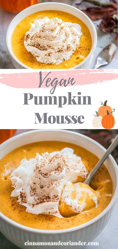 The best recipe for easy vegan pumpkin mousse without gelatine or tofu. A healthy dessert perfect for the holidays. Quick & simple! Vegan Pumpkin Mousse, Pumpkin Nice Cream, Tofu Dessert, Vegan Nice Cream, Caramel Pears, Pumpkin Mousse, German Baking, Pumpkin Pudding, Raw Vegan Desserts