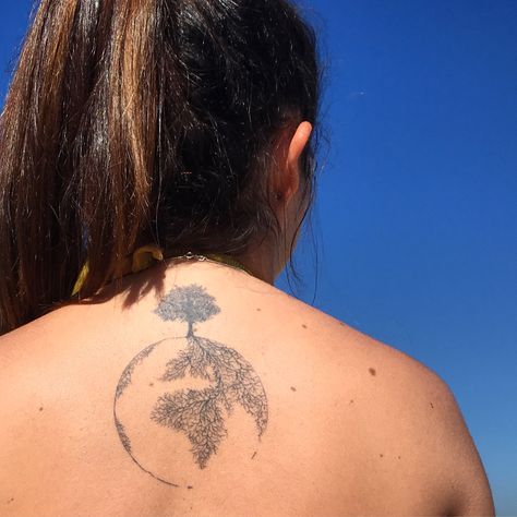 Tattoo Ideas Environment, Realistic Earth Tattoo, Earth Shoulder Tattoo, Organic Tattoo Nature, Save The Earth Tattoo, Meaningful Nature Tattoos, Earthy Back Tattoos, Earth Art Tattoo, Mother Earth Tattoo Nature