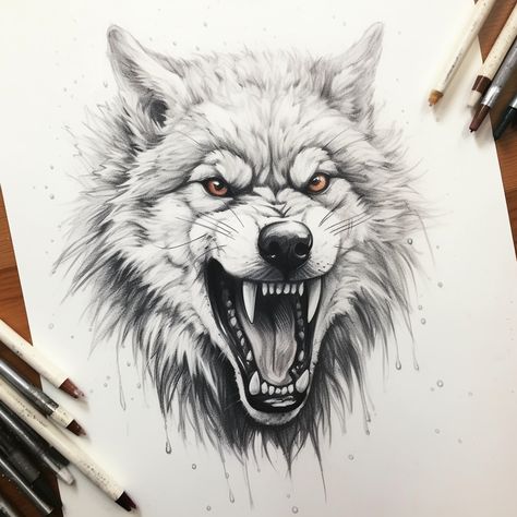 Aggressive Wolf Tattoo, Wolf Growling Tattoo, Wolf Tattoo Stencil Design, Growling Wolf Tattoo, Wolf Face Tattoo Design, Wolf Design Tattoo, Angry Wolf Drawing, Angry Wolf Tattoo Design, Wolf Head Tattoo Design