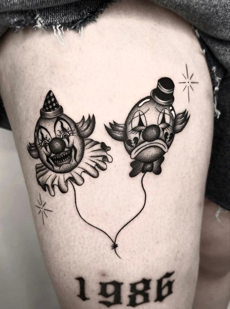 Double Mask Tattoo, Happy Clown Tattoo, Scary Clown Tattoo, Vintage Clown Tattoo, Clown Tattoo Design, Clown Tattoos, Cartoon Tattoo Ideas, Circus Tattoo, Circus Clowns