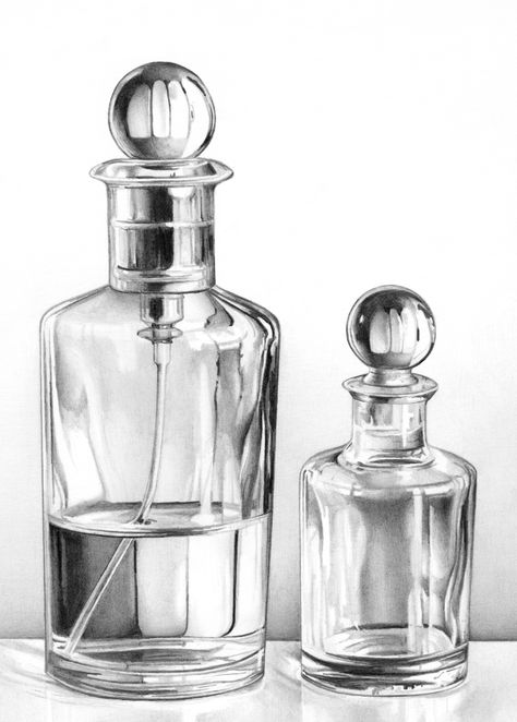 Glass Perfume Bottles - Cath Riley - Debut Art Cath Riley, Still Life Sketch, Life Sketch, Piskel Art, Bottle Drawing, Observational Drawing, Pencil Shading, Object Drawing, Still Life Drawing