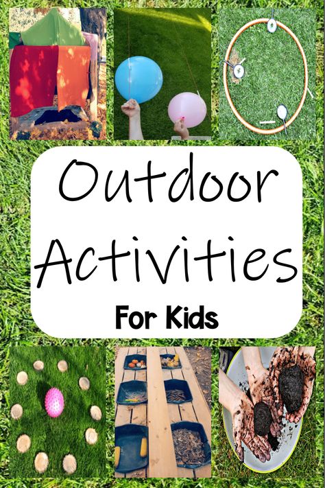 Various outdoor activities for kids are shown including a tent, balloon races, sorting nature and even mud meatballs. Outdoor Activities For 3 Yrs Kids, Outdoor Activities For Preschoolers, Outdoor School Activities, Preschool Outdoor Activities, Minimalist Homeschool, Elementary Stem Activities, Activities Elementary, Outdoor Learning Activities, Recycling Activities