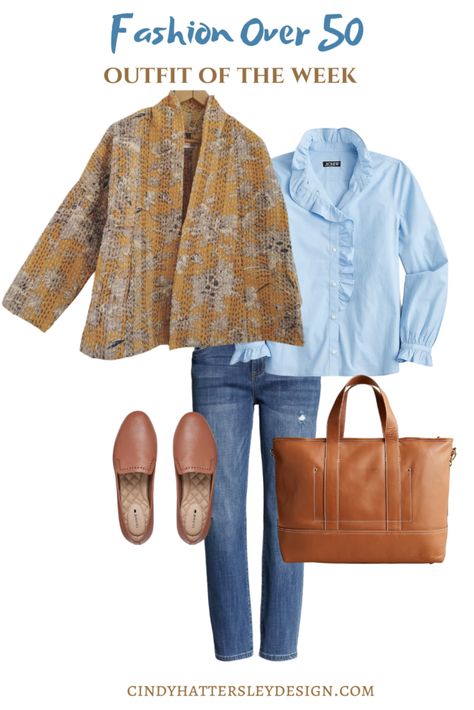 J Crew Style 2023, Cindy Hattersley, Outfit Of The Week, 60 Outfits, Kantha Jacket, Over 60 Fashion, J Crew Style, Healthy Exercise, Pretty Shirts