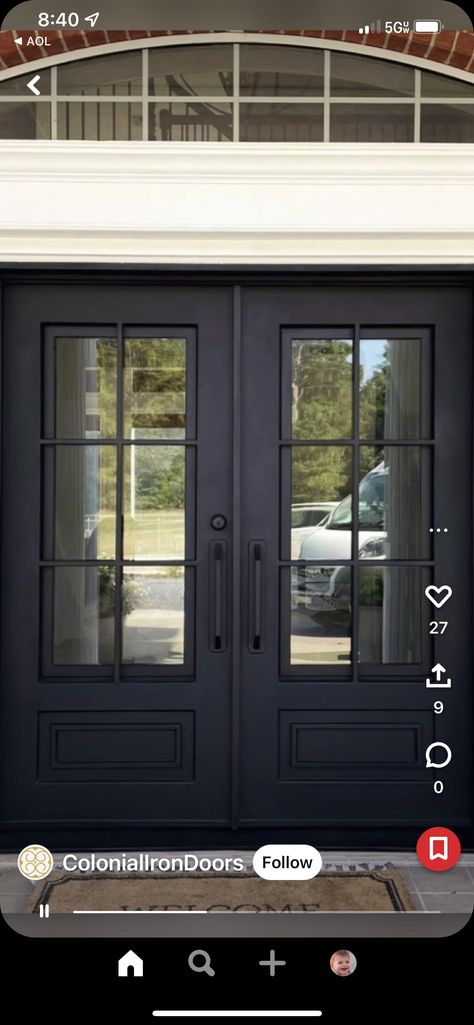 French Country Front Door Entrance, Fiberglass Double Doors, Limewash Brick Exterior With Black Trim, Black Exterior Double Doors Front Entry, Big Double Doors Entrance House, Black Double Doors Entrance, 8 Foot Front Door, Black Iron Front Door, Modern Store Fronts