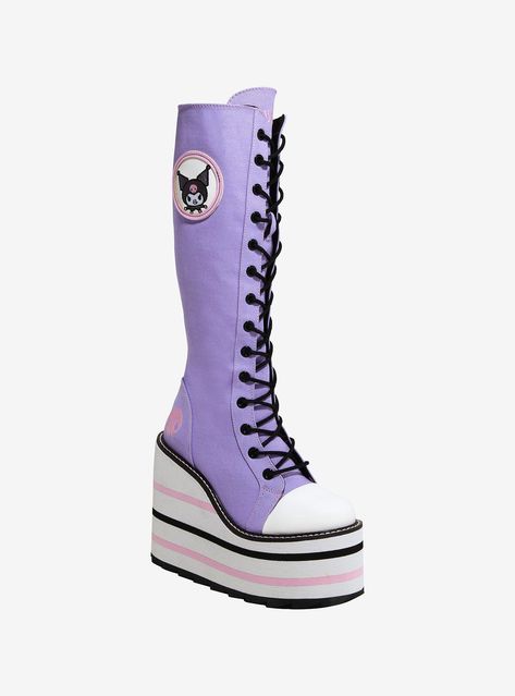 Mischievous and stylish! Add some Sanrio flair to every step with these platform boots! They feature a black canvas upper with a Kuromi patch and pink skull embroidery. Comes with back zipper closure and a striped platform heel.<div><br><div><div><div><b>Listed in women's sizes.<b><div><div><ul><li>Platform: 3""<li><li>Heel: 6""<li><li>Canvas upper; wrapped EVA bottom<li><li Cheap Platform Boots, Platform Boots Pink, Winter Platform Boots, Kuromi Shoes, Alt Shoes, Harajuku Clothes, Skull Embroidery, Pretty Shoes Sneakers, Kawaii Shoes