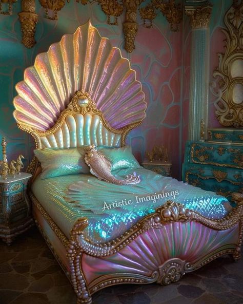 Ocean Room Theme, Mermaid Sofa, Mermaid Room Aesthetic, Siren Room, Fancy Beds, Mermaid Themed Room, Mermaid Furniture, Ocean Palace, Mermaid Bed