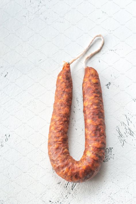 Spanish chorizo by Alexander Prokopenko on @creativemarket Antipasto Board, Portuguese Sausage, Spanish Chorizo, Sausage Casing, Paprika Pork, Sausage Recipe, Chorizo Sausage, Pork Meat, How To Make Sausage