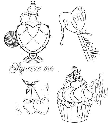 Quirky Flash Tattoo, Small Girlie Tattoos Ideas, Cute Cartoon Tattoos For Women, Flash Tattoo Designs For Women, Girly Flash Tattoo Ideas, Flash Art Tattoos For Women, Girlie Tattoos, Tattoo Stencil Paper, Cupcake Tattoos