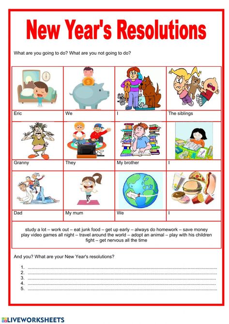 New year resolutions interactive worksheet New Year Resolutions, Play Video Games, New Year's Resolution, Year Resolutions, Assessment Tools, English As A Second Language (esl), Esl Teaching, Phonics Worksheets, English As A Second Language