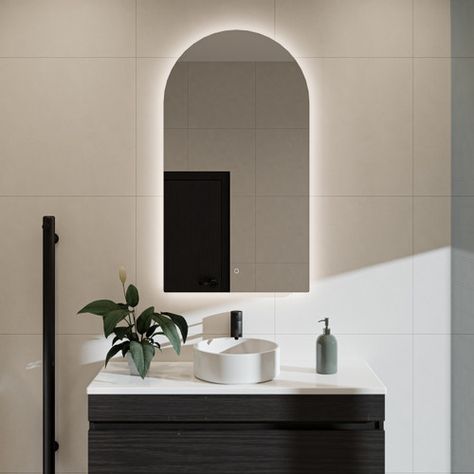 Arch Mirror With Lighting, Arc Mirror Bathroom, Arched Led Mirror, Back Lit Mirror, Arch Mirror Bathroom, Commercial Bathrooms, Arc Mirror, Vanity Inspiration, Lit Mirror