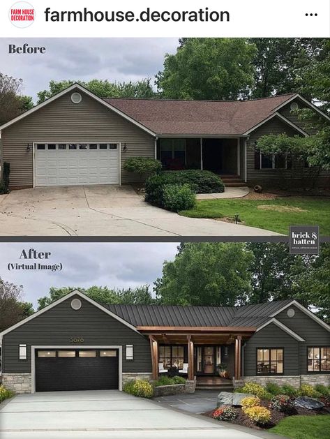 Exterior Upgrades Curb Appeal, Updated Ranch Home Exterior, Ranch Home Update Exterior, Exterior House Paint Color Combinations Ranch Style, Ranch Home Front Door, Exterior Home Renovations, Exterior Upgrades, House Colors With Stone, Exterior Farmhouse