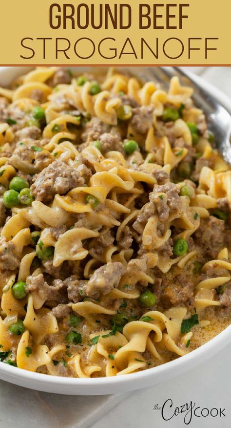 ground beef stroganoff topped with peas and served on a white plate Make A Head Meals, Casaroles Recipes, Easy Stroganoff, Beef And Egg Noodles, Stroganoff Sauce, Beef Nachos, Cozy Cook, Ground Beef Stroganoff, Ground Meat Recipes