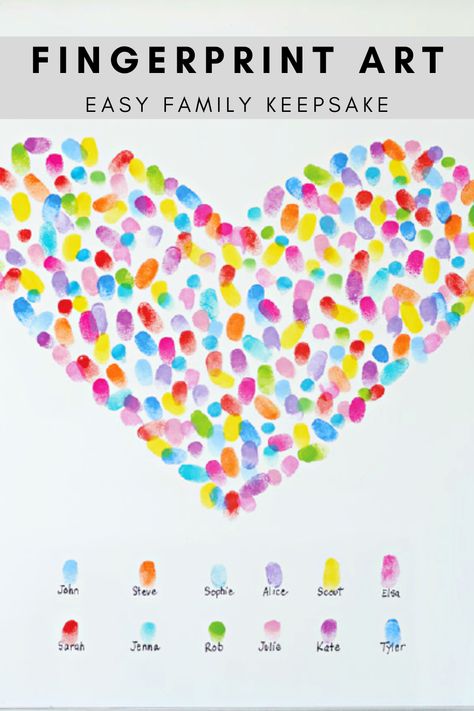 This Valentine's Day, make a fun piece of decor that doubles as a family keepsake for years to come! Gather the family and make a big heart out of thumbprints, and year after year remember the time you spent together! Finger Print Wall Art, Family Fingerprint Art, Thumbprint Heart, Thumbprint Art, Fingerprint Heart, Fingerprint Crafts, Preschool Fine Motor Activities, Art Fundraiser, Friendship Art