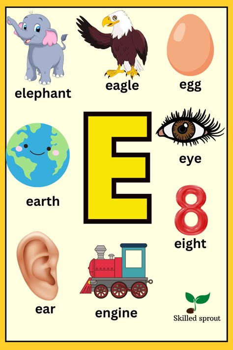 Letter E Flashcards, E Sound Words, E Words For Kids, Letter E Activities For Preschool, Kindergarten Numeracy, Phonics Reading Activities, Letter E Activities, Kids Learning Alphabet, Letter A Words