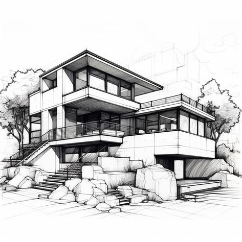 Dream House Drawing Sketch, Villa Drawing, Passion Sketch, Interior Architecture Sketch, Brutalism Architecture, Perspective Drawing Architecture, Architecture Drawing Plan, Concept Models Architecture, Interior Design Renderings