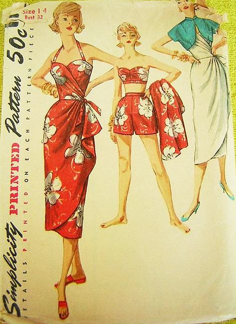 Sarong-inspired vintage 50's swimsuit pattern Tiki Dress, 1950s Patterns, Tiki Style, Patron Vintage, Sarong Dress, Vintage Tiki, Swimsuit Pattern, Vintage Dress Patterns, Beach Wear Outfits