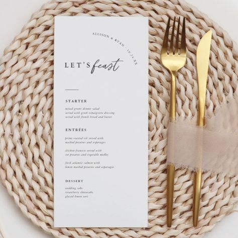 Let's Feast Minimalist Modern Wedding Menu Engagement Party Menu, Wedding Menu Design, Rustic Wedding Menu, Drink Wedding, Rehearsal Dinner Menu, Minimalist Modern Wedding, Wedding Table Menus, Simple Calligraphy, Wedding Dinner Menu